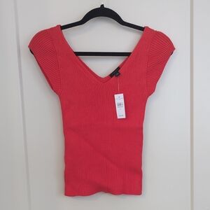 Ann Taylor Red-Orange V-Neck Ribbed Top XS